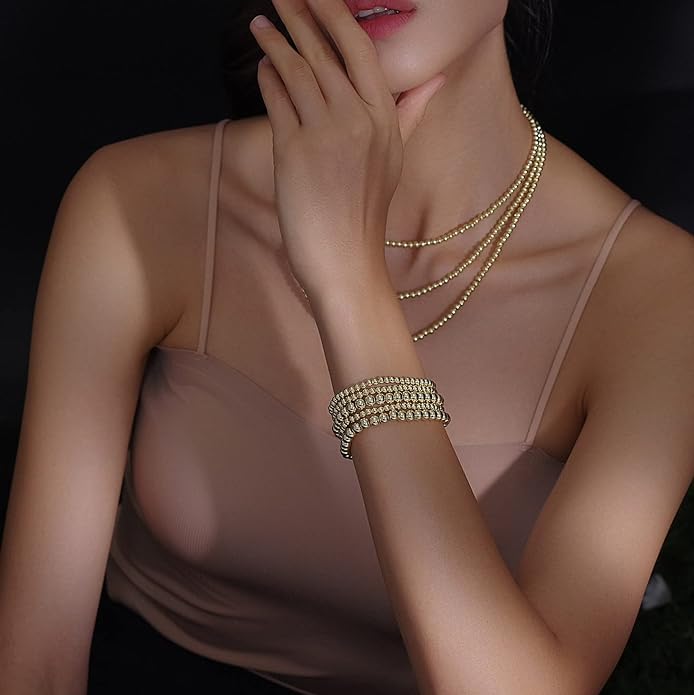 Gold Bead Bracelet for Women 14K Gold Plated Bead Ball Bracelet Stretchable Elastic Hypoallergenic Bohemian Stackable Bracelet