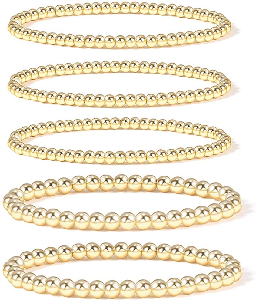 Gold Bead Bracelet for Women 14K Gold Plated Bead Ball Bracelet Stretchable Elastic Hypoallergenic Bohemian Stackable Bracelet